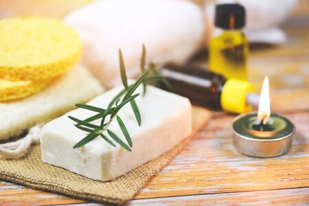 Natural body care herbal dermatology cosmetic hygienic for beauty skincare treatment personal hygiene scrub objects / Natural bath products rosemary soap herbs essential oil spa aromatherapy lightの写真素材
