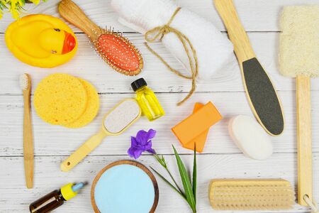 Set products natural body care herbal dermatology cosmetic hygienic for beauty skincare treatment personal hygiene salt scrub objects Natural bath products brush soap herbs spa aromatherapyの写真素材