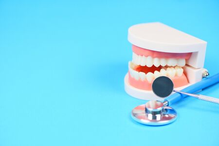 Dental care concept / dentist tools with dentures dentistry instruments and dental hygiene and...