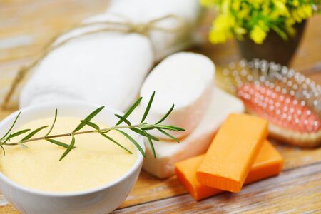 Natural bath products rosemary soap herbs essential oil spa aromatherapy / Natural body care herbal dermatology cosmetic hygienic for beauty skincare treatment personal hygiene scrub objectsの写真素材