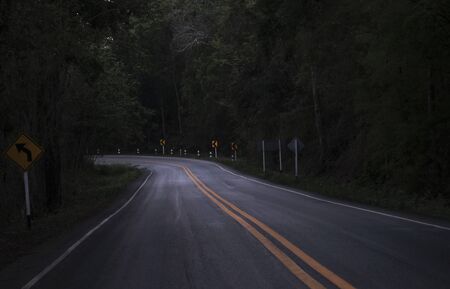 Road on the dark view on the mountain road among green forest trees / curve asphalt road lonely scary at nightの写真素材
