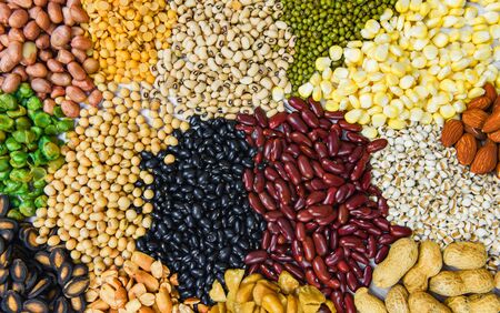 Collage various beans mix peas agriculture of natural healthy food for cooking ingredients / Set of different whole grains beans and legumes seeds lentils and nuts colorful snack texture backgroundの写真素材