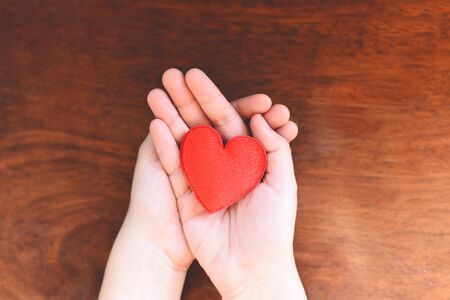 heart in hand for philanthropy concept / woman holding red heart on hands for valentines day or donate help give love warmth take care with wooden background の写真素材