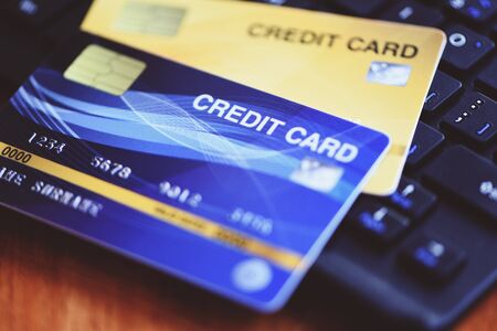 Online payment credit card on keyboard / shopping online technology and credit card payment conceptの写真素材