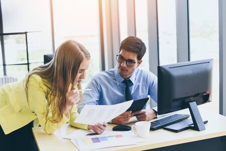 Business people in meeting discussing about financial results in office room / Business team working...