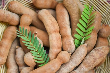 Tamarind in basket on the table background / fresh tamarind fruits and leavesの写真素材