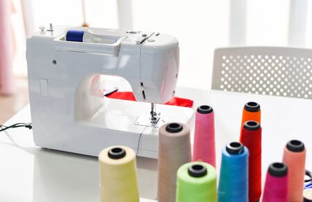 Tools handicraft sewing with needle thread for fashion designer in studio textile material scissors...