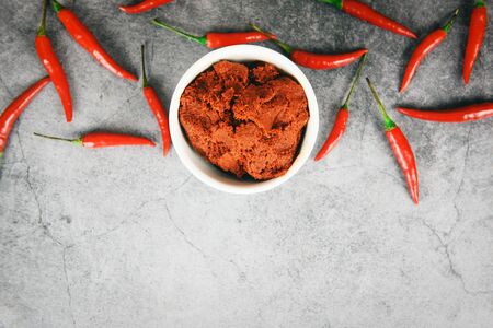 Ingredients asian food spicy spices in thailand / Curry paste and red chilli peppers background ,...