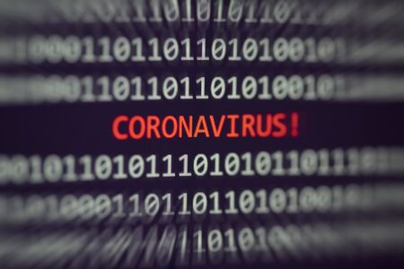 Coronavirus message on display screen technology binary code data alert error computer problem / COVID-19 coronavirus Spread influenza medical crisis pandemic public health risk prevention methodsの写真素材