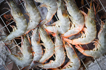 shrimp grilled bbq seafood on stove / cooked prawns shrimps burnt on grill barbecueの写真素材