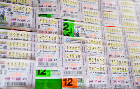 Bangkok Thailand August 12 , 2020: Thai lottery tickets on open box on street Thailandのeditorial素材