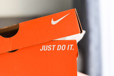 Nike running shoes box with Just Do It and nike logo on orange box in the store : Bangkok Thailand November 4, 2020のeditorial素材