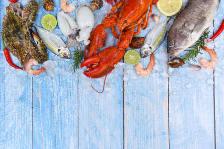 Fresh fish and seafood plate with Shellfish shrimps prawns crab shell squid octopus crab lobster and fish ocean gourmet dinnerの写真素材