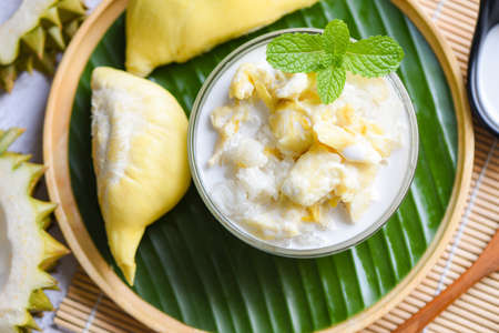 Durian sticky rice summer tropical fruit food, Asian Thai dessert tropical sweet durian peel with...