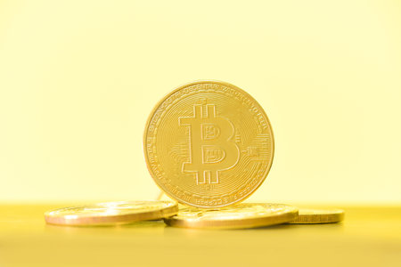 Pile of golden BTC cryptocurrency trading virtual money stock market concept, Bitcoin crypto currency business, Gold bitcoin coin financeの写真素材