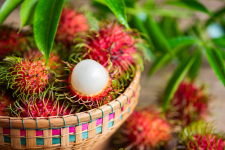 Fresh and ripe rambutan sweet tropical fruit peeled rambutan with leaves, Rambutan fruit on basket and wooden background harvest from the gardenの写真素材