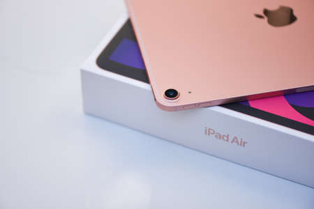 Bangkok, Thailand - August 21, 2021: New Apple iPad rose gold color, camera and rear view logo Apple...