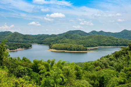 River forest nature woodland area green tree, river lagoon pond with blue water green forest beautiful fresh environment landscape jungles lake with village by the riverの写真素材