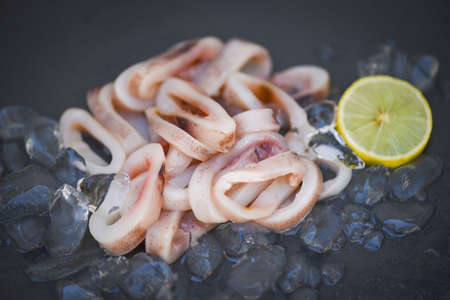 squid rings on ice, Fresh raw squid with salad seafood lemon on black plate backgroundの写真素材