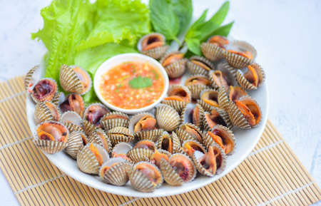 Cockles with seafood sauce and vegetable salad lettuce on white plate, Fresh raw shellfish blood...