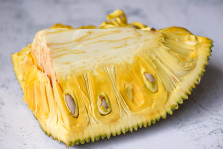 Jackfruit on white plate background, slide ripe jackfruit  tropical fruit fresh, jackfruit seedの写真素材