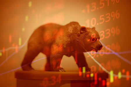War stock trading bull and bear market concept with stock chart crisis red price drop arrow down chart fall, stock market bear finance risk trend investment business and money losing economicの写真素材