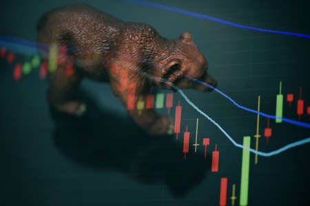 War stock trading bull and bear market concept with stock chart crisis red price drop arrow down chart fall, stock market bear finance risk trend investment business and money losing economicの写真素材