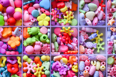 Various Bracelets colorful plastic beads made Cartoon style hand made in box. Variety of shapes and...