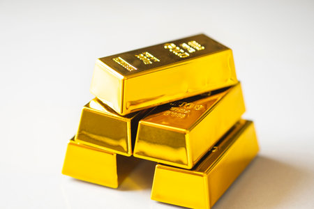 Gold bars on white grey background, gold bars financial business economy concepts, wealth and...