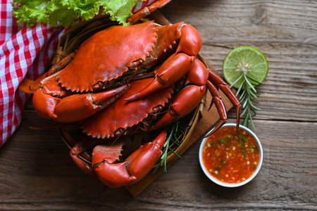 fresh crab on wooden and seafood sauce, seafood plate with herbs spices rosemary lemon lime salad lettuce vegetable, crab cooking food boiled or steamed crab red in the restaurant - top viewの写真素材