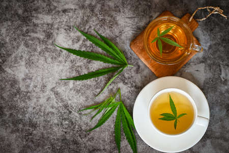 Cannabis tea herbal on tea cup with cannabis leaf marijuana leaves herb on dark background, health tea with hemp leaf plant THC CBD herbs food and medical - top viewの写真素材