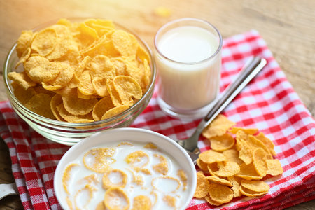 cornflakes bowl breakfast food and snack for healthy food concept, morning breakfast fresh whole...