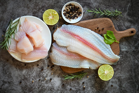 fish fillet on wooden board with ingredients for cooking, fresh raw pangasius fish fillet with herb...