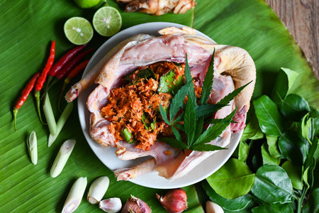Cannabis food for cooking with fresh chicken cannabis leaf marijuana vegetables herbs and spices ingredients on banana leaf background, raw chicken hemp leaf plant THC CBD herbs - Thai foodの写真素材