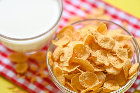 cornflakes bowl breakfast food and snack for healthy food concept, morning breakfast fresh whole...