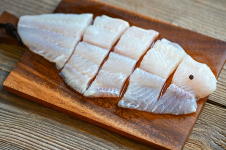 fish fillet on wooden board with ingredients for cooking, meat dolly fish tilapia striped catfish,...