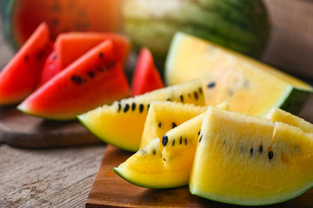 Closeup sweet watermelon slices pieces fresh watermelon tropical summer fruit, red and yellow watermelon slice on wooden cutting boardの写真素材