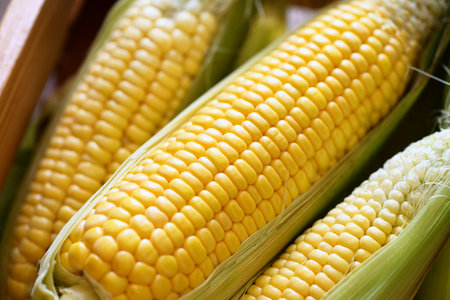 Corn on the cob, sweet corn for cooking food, fresh corn on wooden background, harvest ripe corn...