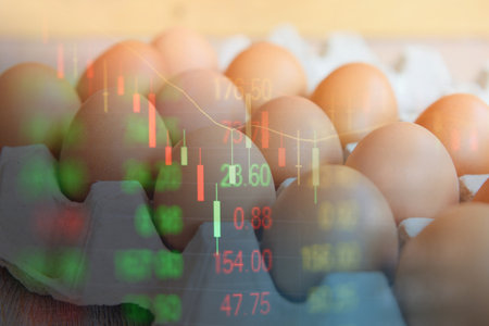 Egg on box with stock market graph chart - food consumer goods expensive products inflation concept theme of rising food pricesの写真素材