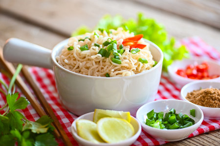 noodles bowl with vegetable spring onion lemon lime lettuce celery and chili on wooden table food , instant noodles cooking tasty eating with bowl - noodle soupの写真素材