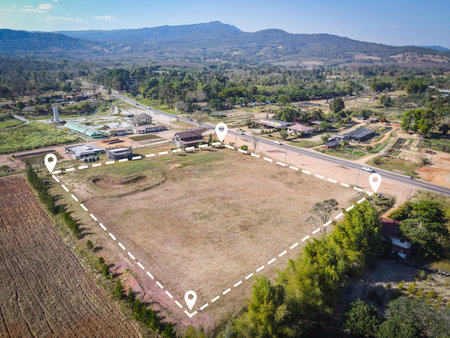 Land plot for building house aerial view, land field with pins, pin location for housing subdivision residential development owned sale rent buy or investment home or house expand the city suburbの写真素材