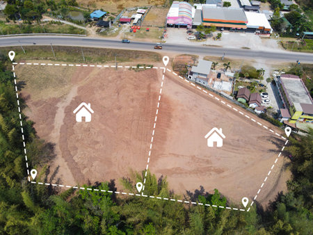 vacant land management land reclamation for land plot for building house aerial view, land pins location for housing subdivision residential development owned sale rent buy or investment home expandの写真素材