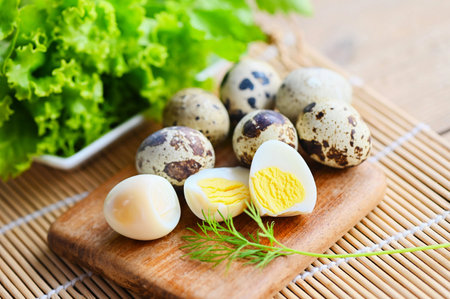 boiled eggs food, quail eggs on wooden plate, breakfast eggs with fresh quail eggs and vegetable lettuce dill on table backgroundの写真素材