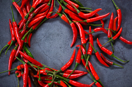 Chili pepper, Red hot chilli peppers on dark background. Close up group of ripe red chilli - top viewの写真素材
