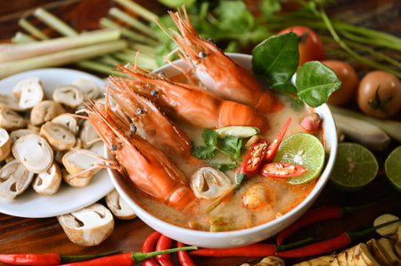 Hot and sour spicy shrimps prawns soup  curry lemon lime galangal red chili straw mushroom on table food, Shrimp soup on seafood soup bowl with thai herb and spices, Thai Food Tom Yum Kung - top viewの写真素材
