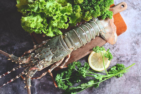 spiny lobster seafood on wooden, fresh lobster or rock lobster with herb and spices lemon parsley on dark background, raw spiny lobster for cooking food or seafood market - top viewの写真素材