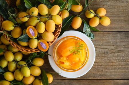 Sweet dessert marian plum fruit  on bowl for food and wooden background, tropical fruit Name in Thailand sweet Yellow Marian Plum Maprang Plango or Mayong chidの写真素材