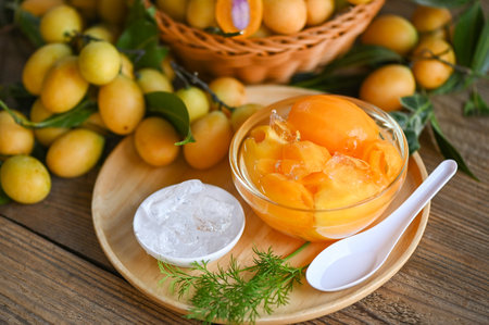 Sweet dessert marian plum fruit  on bowl for food and wooden background, tropical fruit Name in Thailand sweet Yellow Marian Plum Maprang Plango or Mayong chidの写真素材