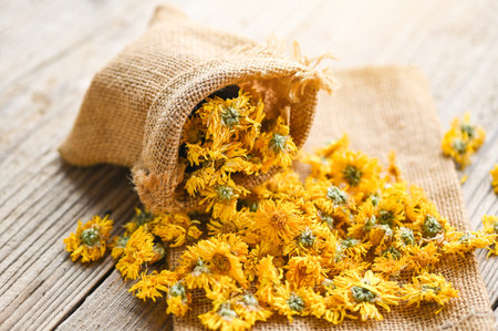 Chinese chrysanthemum flower tea - Dried chrysanthemum buds for herbal tea on wooden background, dry chrysanthemum flower yellowの写真素材