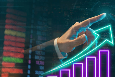 business man hand pointing graph business stock market graph trading analysis investment financial stock exchange graph chart trader stock market analyzing digital technology grow up gain and profitsの写真素材